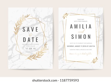 Wedding invitation cards with marble texture background and gold geometric  line design vector.