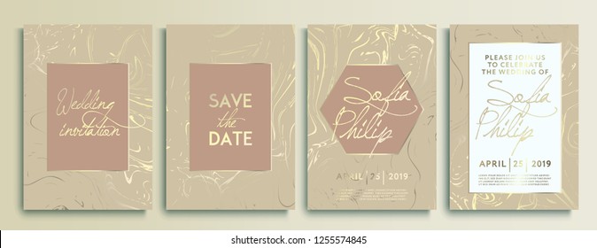 Wedding invitation cards with marble texture background and gold geometric line design vector. Wedding invitation frame set