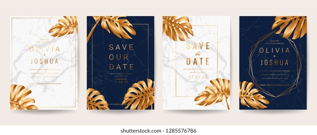 Tarjetas de invitación de matrimonio con fondo de textura de mármol, Línea de formas geométricas doradas y colección vectorial de diseño de hojas tropicales.