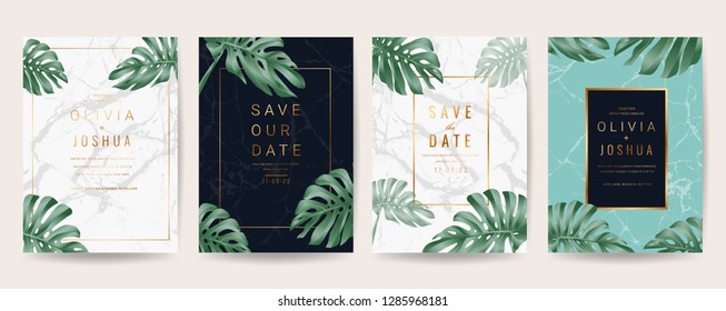 Wedding invitation cards with marble texture background,Gold geometric Shape line and Tropical Leaves design vector collection.