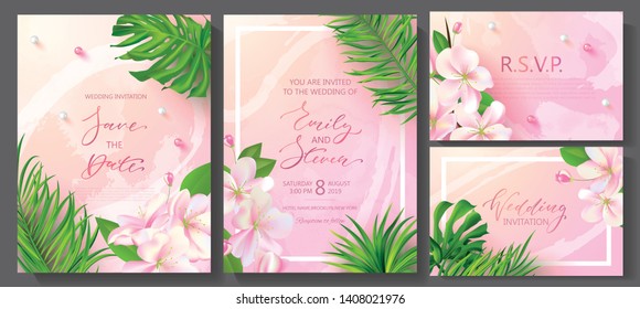 Wedding invitation cards with marble texture,beads, tropical flowers and plants.Vector illustration.