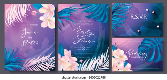 Wedding invitation cards with marble texture,beads, tropical flowers and plants.Vector illustration.