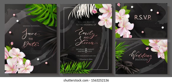 Wedding invitation cards with marble texture,beads, tropical flowers and plants.Vector illustration.