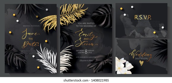 Wedding invitation cards with marble texture,beads,tropical flowers and plants and Golden sequins.Vector illustration.