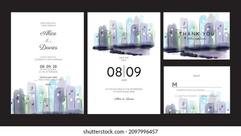wedding invitation cards with Metropolis City watercolor