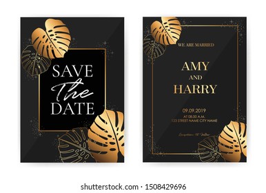 Wedding Invitation cards Monstera Tropical, Black and Golden luxurious, save the date, invitation template, brochure. Invite Vector.