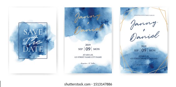 Wedding Invitation cards Navy blue Watercolor style collection design, Watercolor Texture Background, brochure, invitation template. Business identity style. Invite Vector. - Shutterstock ID 1513147886