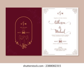 Wedding Invitation Cards with One Finger Hold Hands Of Couple in Claret  and White Color.
