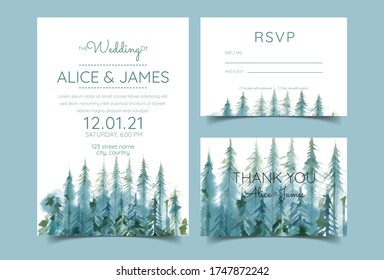wedding invitation cards with pine forest landscape watercolor