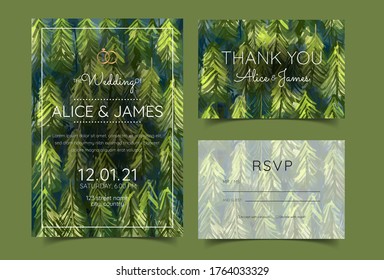 wedding invitation cards with pine forest landscape watercolor - Shutterstock ID 1764033329