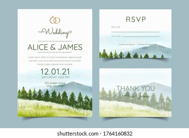 Wedding Invitation Cards With Pine Forest Landscape Watercolor