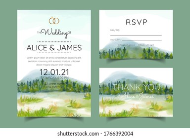 Wedding Invitation Cards With Pine Forest Landscape Watercolor