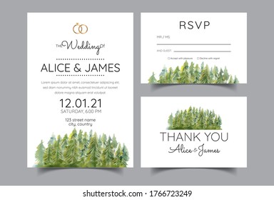 wedding invitation cards with pine forest landscape watercolor