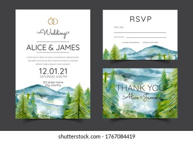 wedding invitation cards with pine forest landscape watercolor