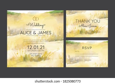tarjetas de invitación de boda con paisaje de pinares acuarela