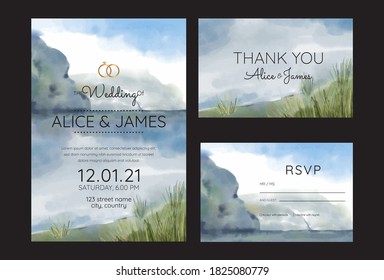 wedding invitation cards with pine forest landscape watercolor