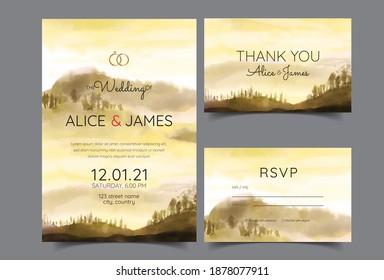 wedding invitation cards with pine forest landscape watercolor