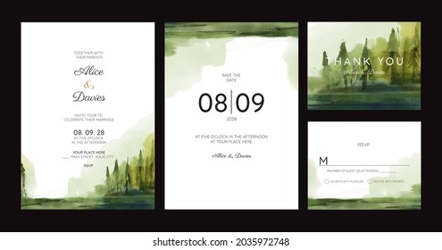 Wedding Invitation Cards With Pine Forest Landscape Watercolor