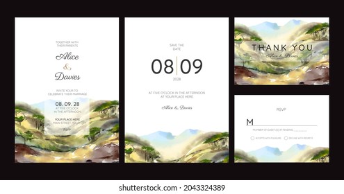 wedding invitation cards with pine forest landscape watercolor