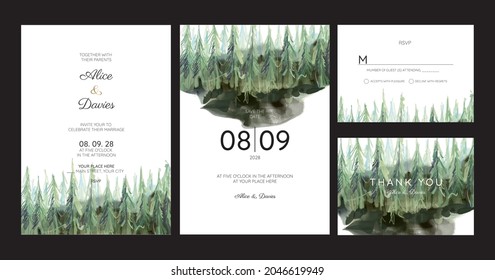 Wedding Invitation Cards With Pine Forest Landscape Watercolor