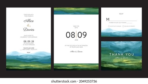 wedding invitation cards with pine forest landscape watercolor