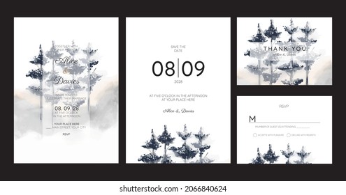 wedding invitation cards with pine forest landscape watercolor