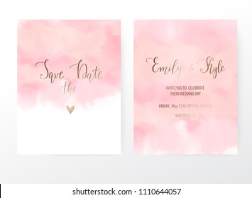 Wedding Invitation Cards With Pink Watercolor Texture.