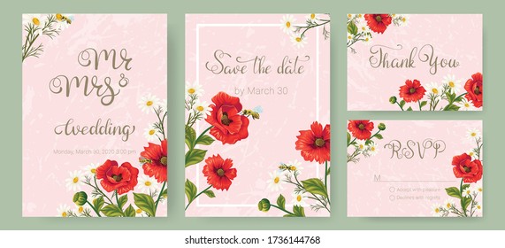 Wedding invitation cards with poppies and daisies. Set of cards Save the date, Mr. and Mrs., RSVP, Thank you
