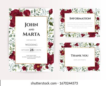 wedding invitation cards with red roses, watercolor, leaves and golden geometric frame. Floral Trendy templates for banner, flyer, poster, greeting. Vector illustration. eps10