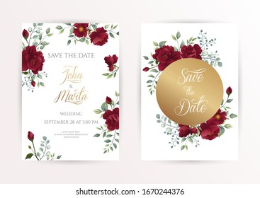 wedding invitation cards with red roses, watercolor, leaves and golden geometric frame. Floral Trendy templates for banner, flyer, poster, greeting. Vector illustration. eps10