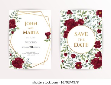 wedding invitation cards with red roses, watercolor, leaves and golden geometric frame. Floral Trendy templates for banner, flyer, poster, greeting. Vector illustration. eps10