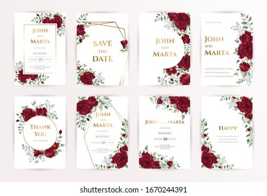 wedding invitation cards with red roses, watercolor, leaves and golden geometric frame. Floral Trendy templates for banner, flyer, poster, greeting. Vector illustration. eps10