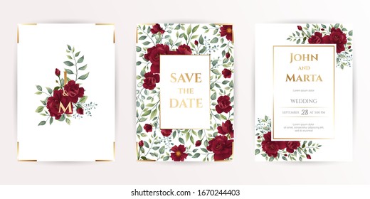 wedding invitation cards with red roses, watercolor, leaves and golden geometric frame. Floral Trendy templates for banner, flyer, poster, greeting. Vector illustration. eps10