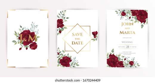 wedding invitation cards with red roses, watercolor, leaves and golden geometric frame. Floral Trendy templates for banner, flyer, poster, greeting. Vector illustration. eps10