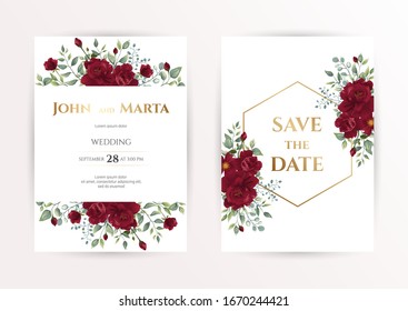 wedding invitation cards with red roses, watercolor, leaves and golden geometric frame. Floral Trendy templates for banner, flyer, poster, greeting. Vector illustration. eps10