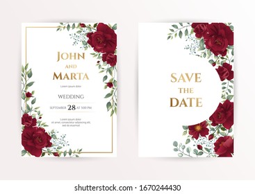 wedding invitation cards with red roses, watercolor, leaves and golden geometric frame. Floral Trendy templates for banner, flyer, poster, greeting. Vector illustration. eps10