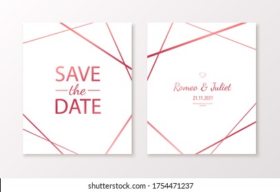 Wedding invitation cards with rose gold geometric polygonal design elements. Vector luxury invite