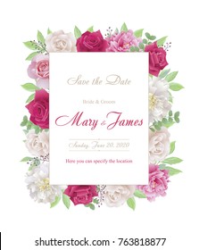 Wedding invitation cards with roses and peonies.Beautiful white and red roses, pink and white peonies. (Use for Boarding Pass, invitations, thank you card.) Vector illustration. EPS 10
