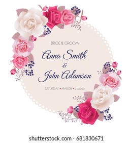 Wedding invitation cards with roses.Beautiful white, pink and red roses. Wedding invitation, thank you card, save the date cards. Vector illustration. EPS 10