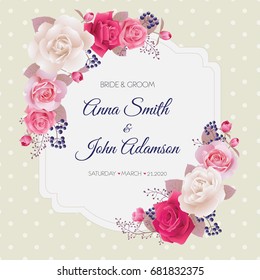 Wedding invitation cards with roses.Beautiful white, pink and red roses. Wedding invitation, thank you card, save the date cards. Vector illustration. EPS 10