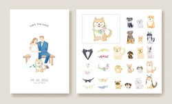 Wedding Invitation Cards, Save The Date Template. Bride And Groom With Their Dog Image.  Dog And Floral Decorative Are Editable. Vector.
