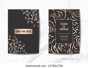 Wedding Invitation Cards, Save the Date with trendy Animal Skin golden texture background illustration in vector

