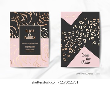 Wedding Invitation Cards, Save the Date with trendy Animal Skin golden texture background illustration in vector