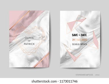 Wedding Invitation Cards, Save the Date with trendy marble texture background and gold geometric frame design illustration in vector