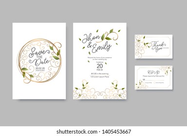 Wedding invitation cards, save the date, thank you, rsvp template. Vector. White and gold line.