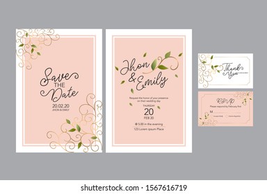 Wedding invitation cards, save the date, thank you, rsvp template. Vector. White and gold line.