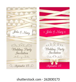 Wedding invitation cards set. Beige, pink and golden design template set. Quilted texture and ribbons.