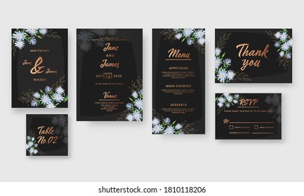 Wedding Invitation Cards Set Decorated with Daisy Flowers in Black and Bronze Color.
