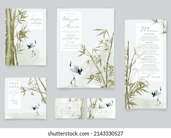 Wedding invitation cards set with elegant bamboo hand drawn