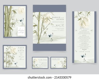 Wedding invitation cards set with elegant bamboo hand drawn